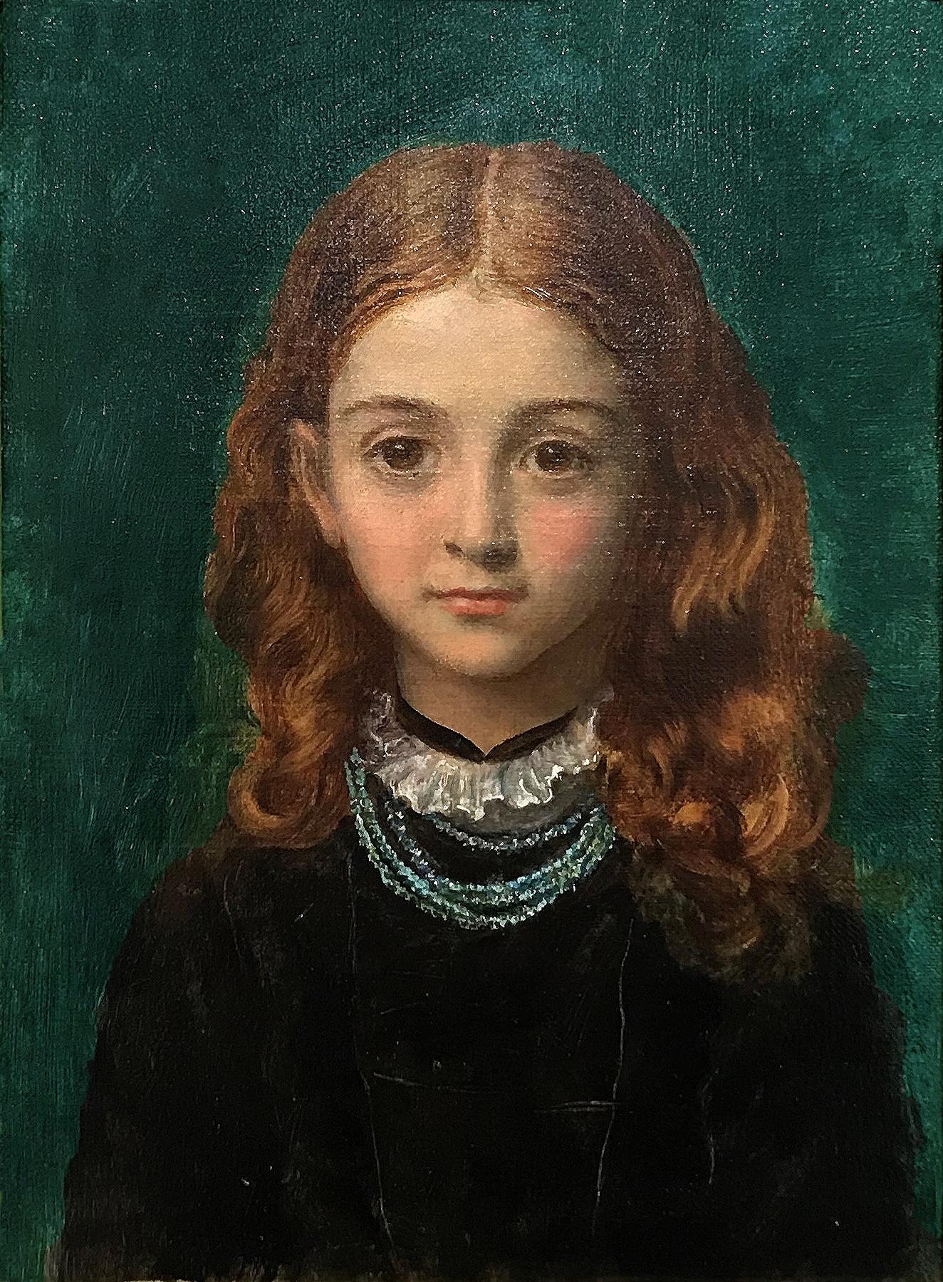 Arthur Hughes Figurative Painting –  Porträt von Mary Theodora Hale-White, präraffaelitisches Ölgemälde, Mitte des 19. Jahrhunderts