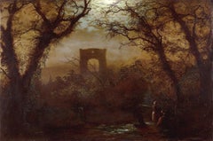 Kirkstall Abbey, 19th Century Romantic Moonlight Oil Landscape