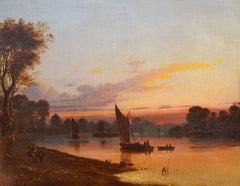 Vista dal ponte di Richmond, Paesaggio ad olio del XIX secolo