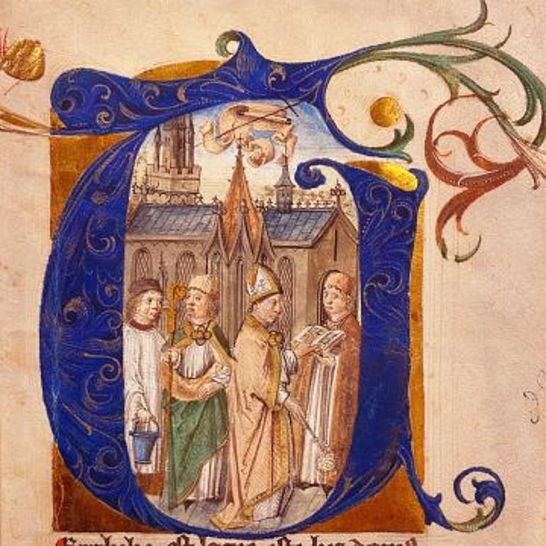 Unknown Figurative Art - Consecration of a Church 15th Century English School Illuminated Manuscript 