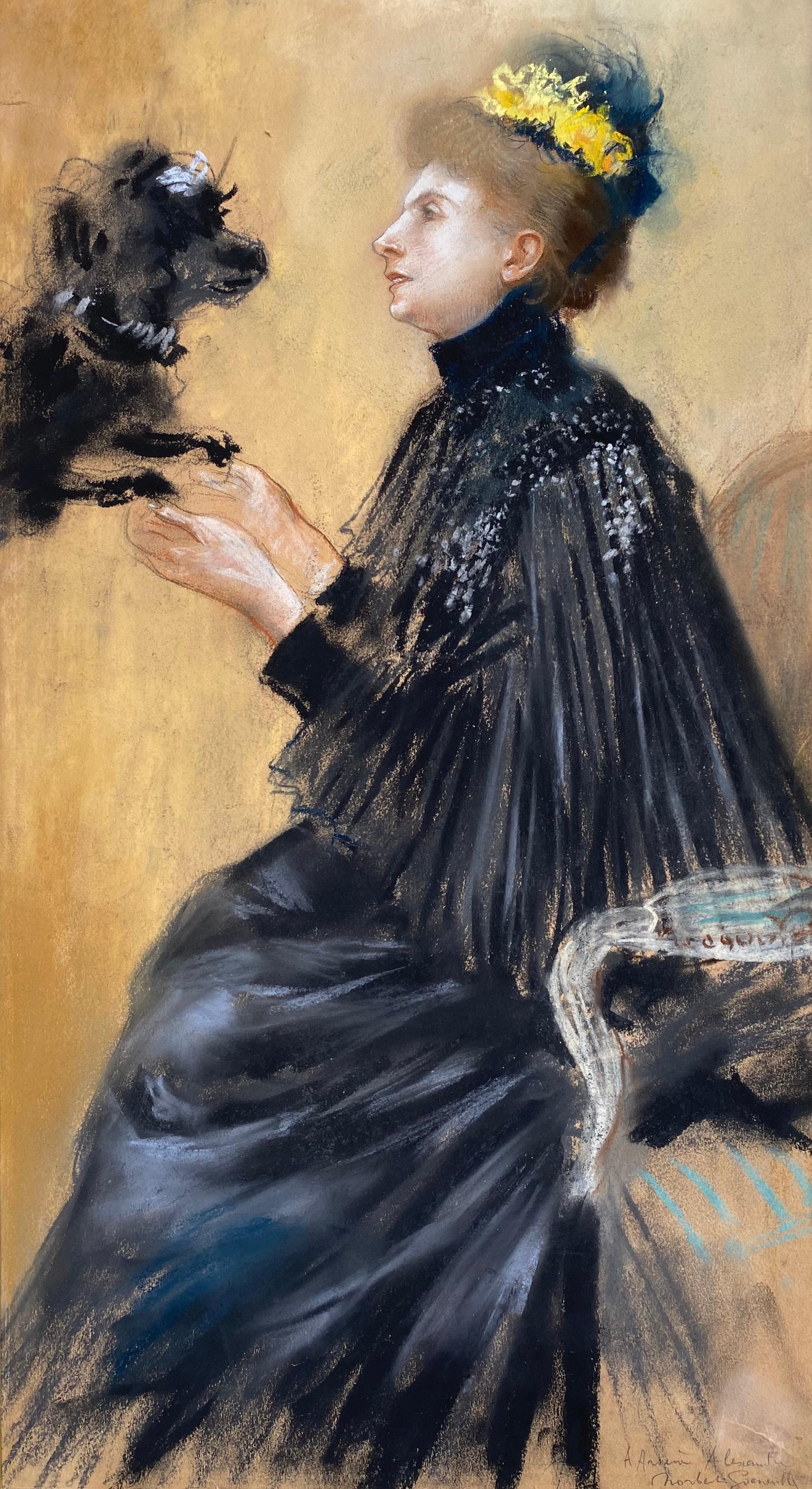 Portrait of a Lady and her Dog, 19th Century French Pastel - Art by Norbert Goeneutte