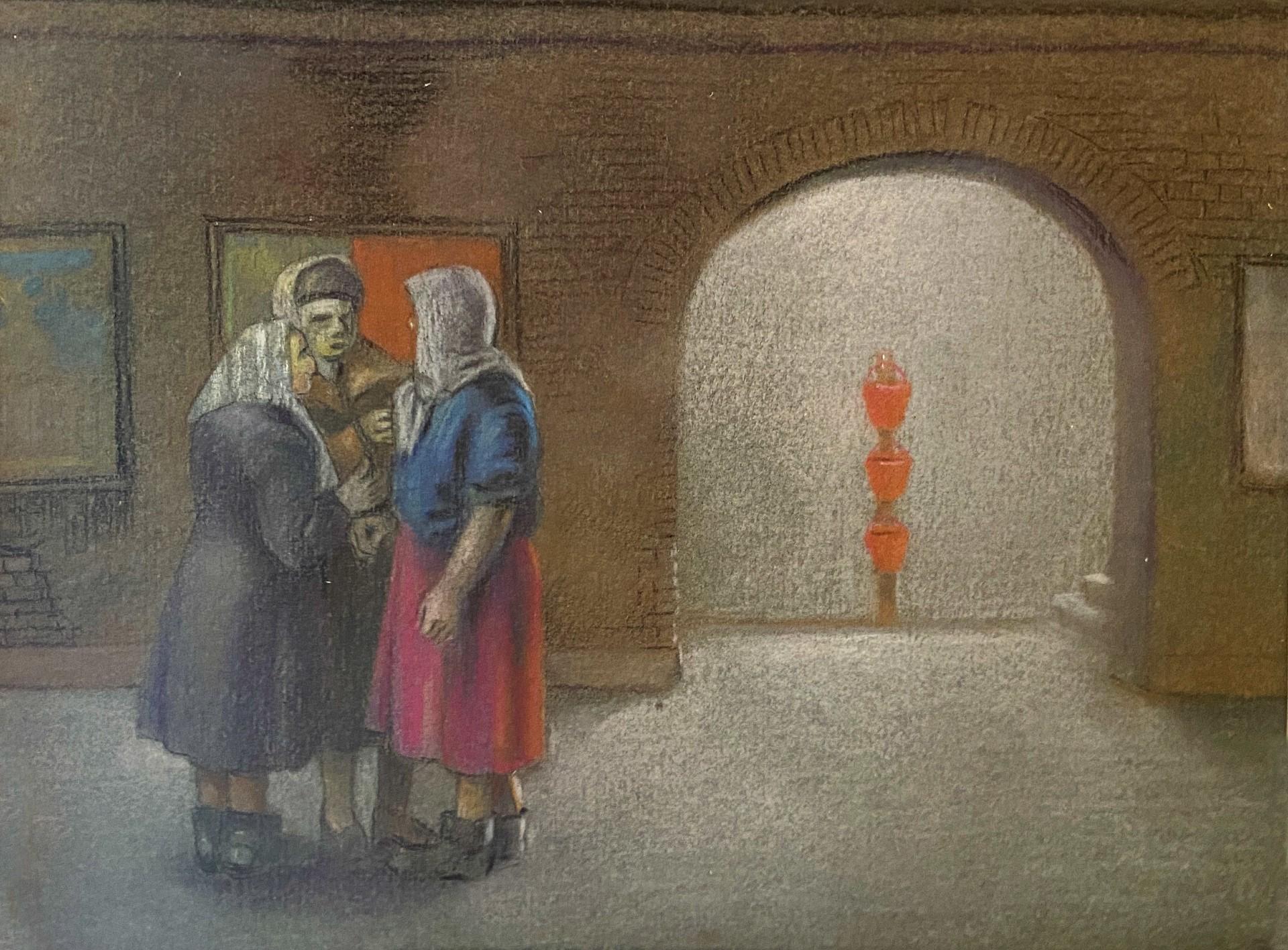 Peter Gardner Figurative Art - The Gathering, Train Station Pastel, British Mid 20th Century 