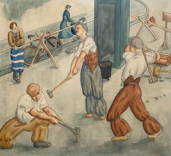 Antique Road-workers, Early 20th Century Watercolour
