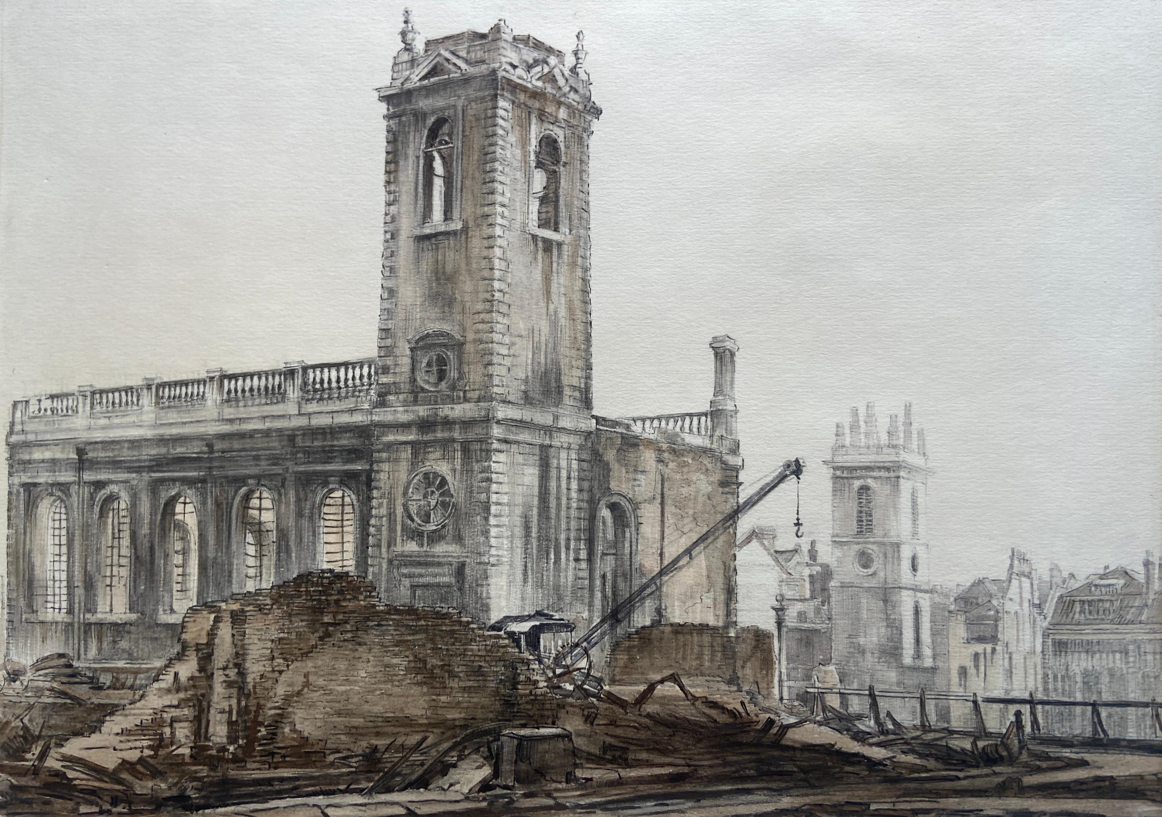 Dennis Flanders Landscape Art - St Nicholas Cole Abbey and St Mary Somerset Church, London, The Blitz