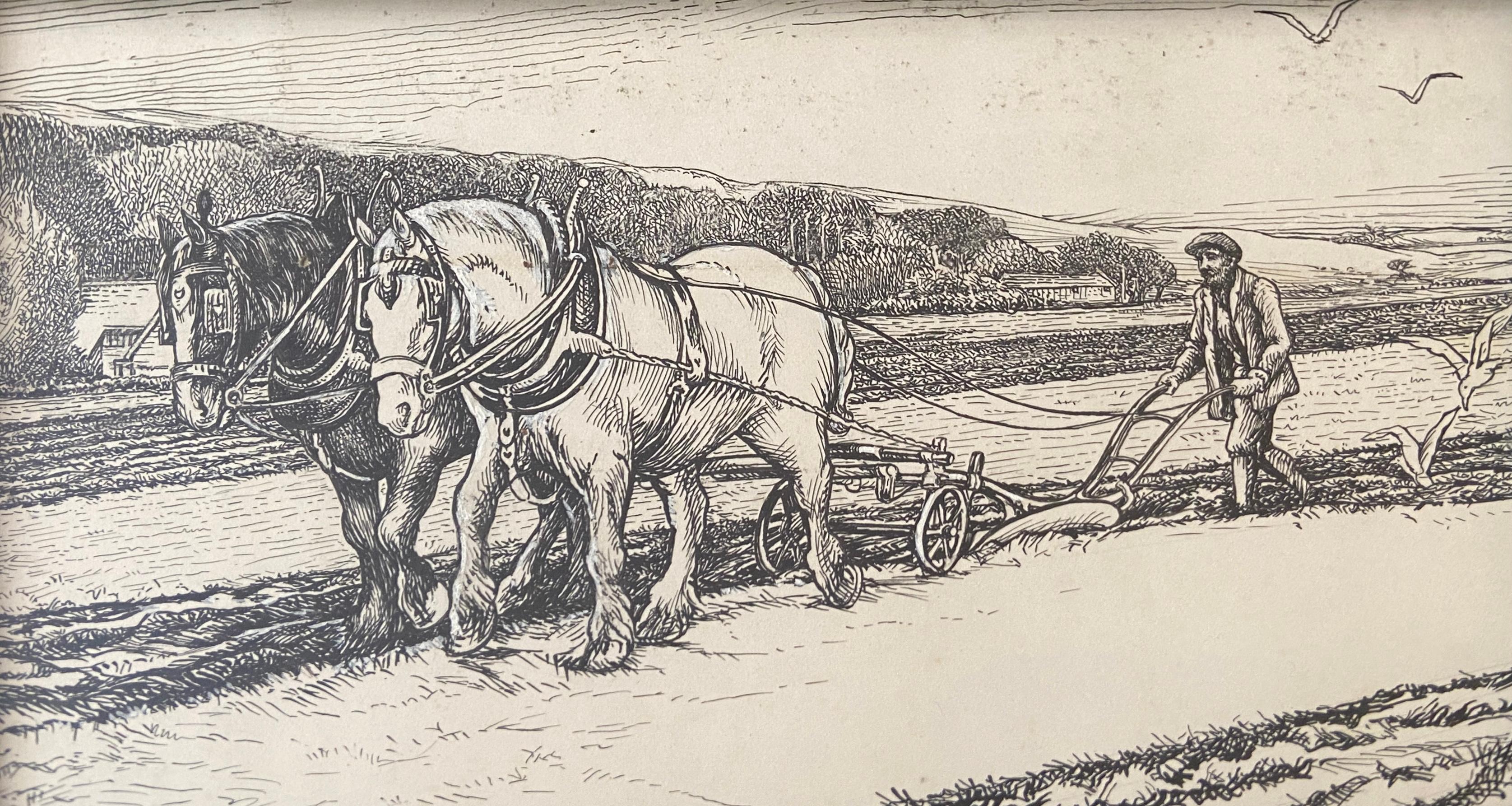 Ploughing, 20th century British ink on paper