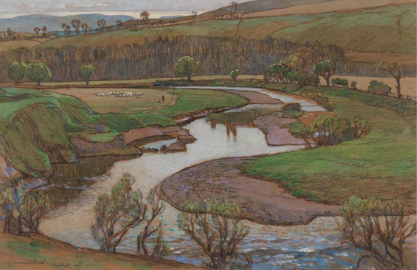 Samuel John 'Lamorna' Birch Landscape Art – Flusss Teviot Schottland, Aquarelllandschaft, 1927