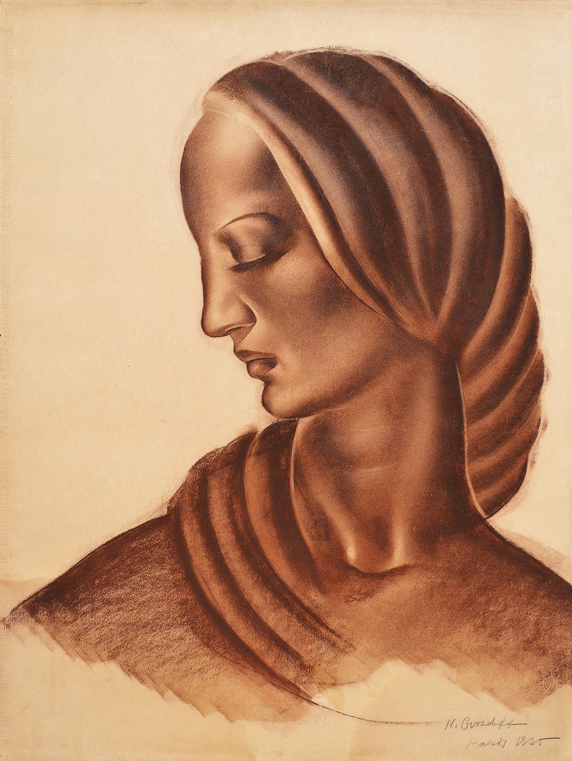 N. Grosdovv Portrait – Porträt einer Dame, Kohlezeichnung, Russische Zeichnung, 20. Jahrhundert