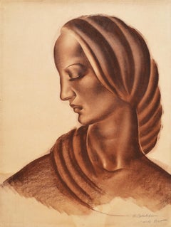 Portrait of a Lady, Charcoal Drawing, 20th Century Russian