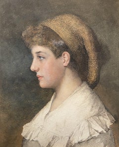 Antique Portrait of a Girl in Profile, Watercolour Painting, 1884