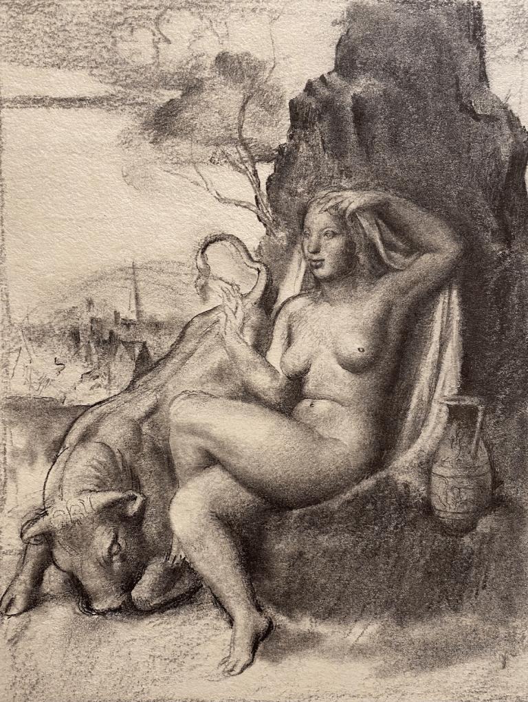 Victor Hume Moody Figurative Art - Europa and the Bull, 20th Century British Graphite Drawing, Signed