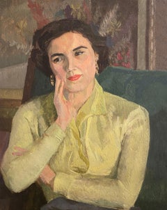Portrait d'une femme dans la pensée, peinture à l'huile anglaise du 20e siècle