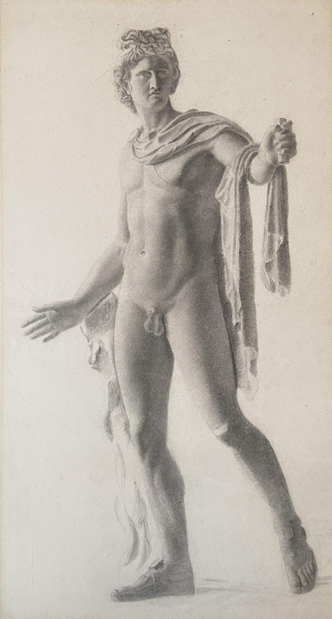 19th Century European School Nude – Studie über das Apollo Belvedere, Graphitskizze, 19. Jahrhundert