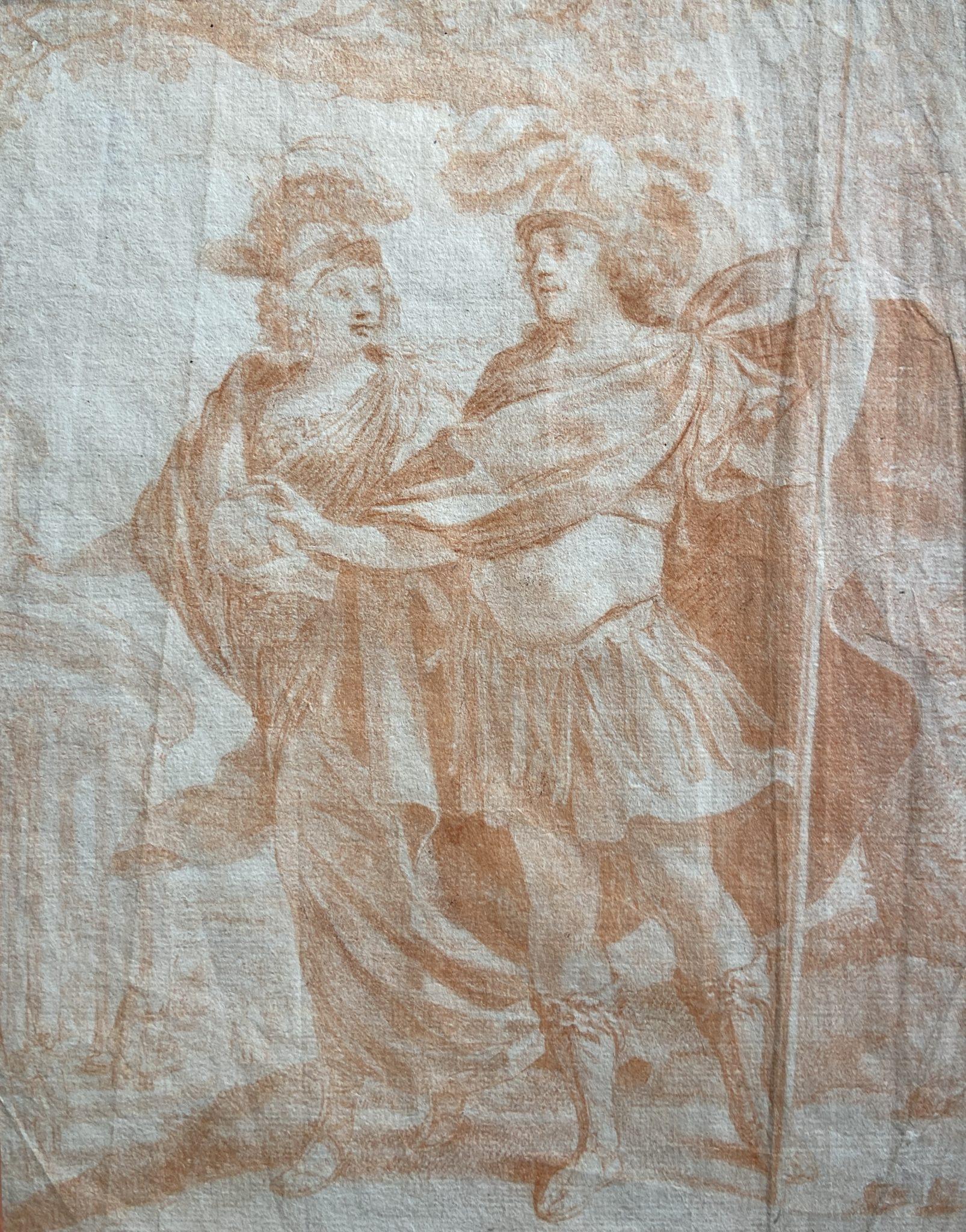 18th Century Italian School Figurative Art – Die Allegorie der Minerva, Sanguine- Chalk-Zeichnung, Italien, 18. Jahrhundert