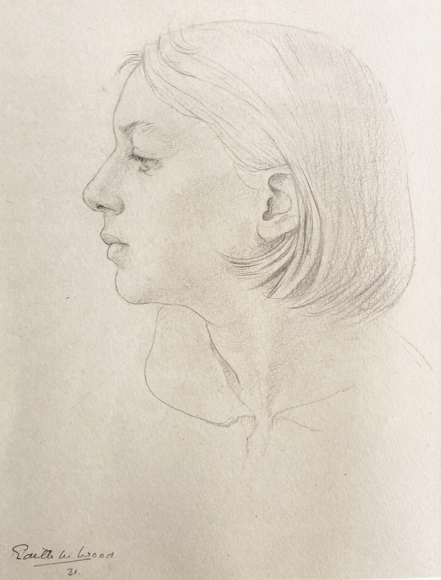 Graphite on paper, signed bottom left
Image size: 7 1/2 x 9 3/4 inches (19 x 25cm)
Contemporary frame

A characterful portrait of a woman in profile. The artist has captured much of the personality of the sitter, with her elegant head tilt and fine