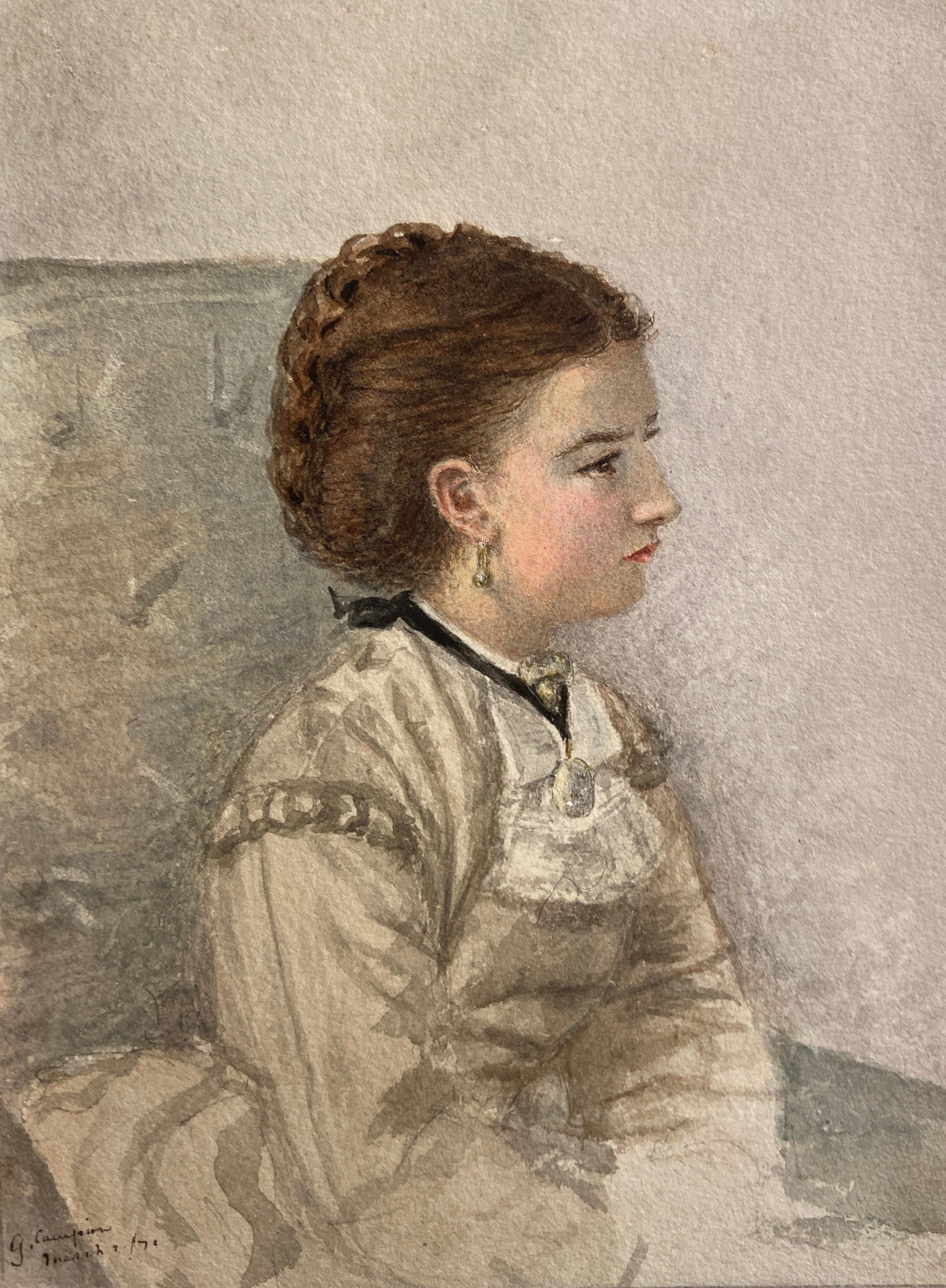 Gertrude Braud Portrait - Sketch from Life, 19th Century English Watercolour, Girl in Profile