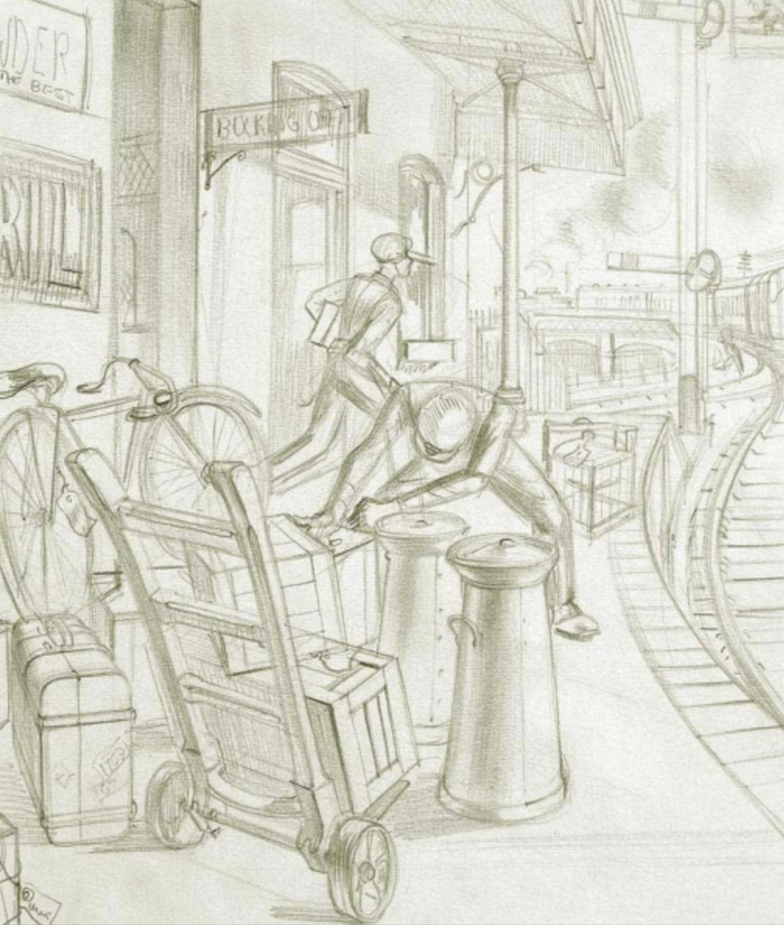 Gordon Scott Figurative Art - Approaching Train, Mid-20th Century Graphite Sketch, White Gold Frame