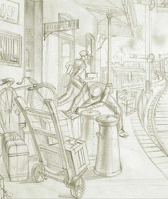 Croquis de train en graphite du milieu du 20e siècle, cadre en or blanc