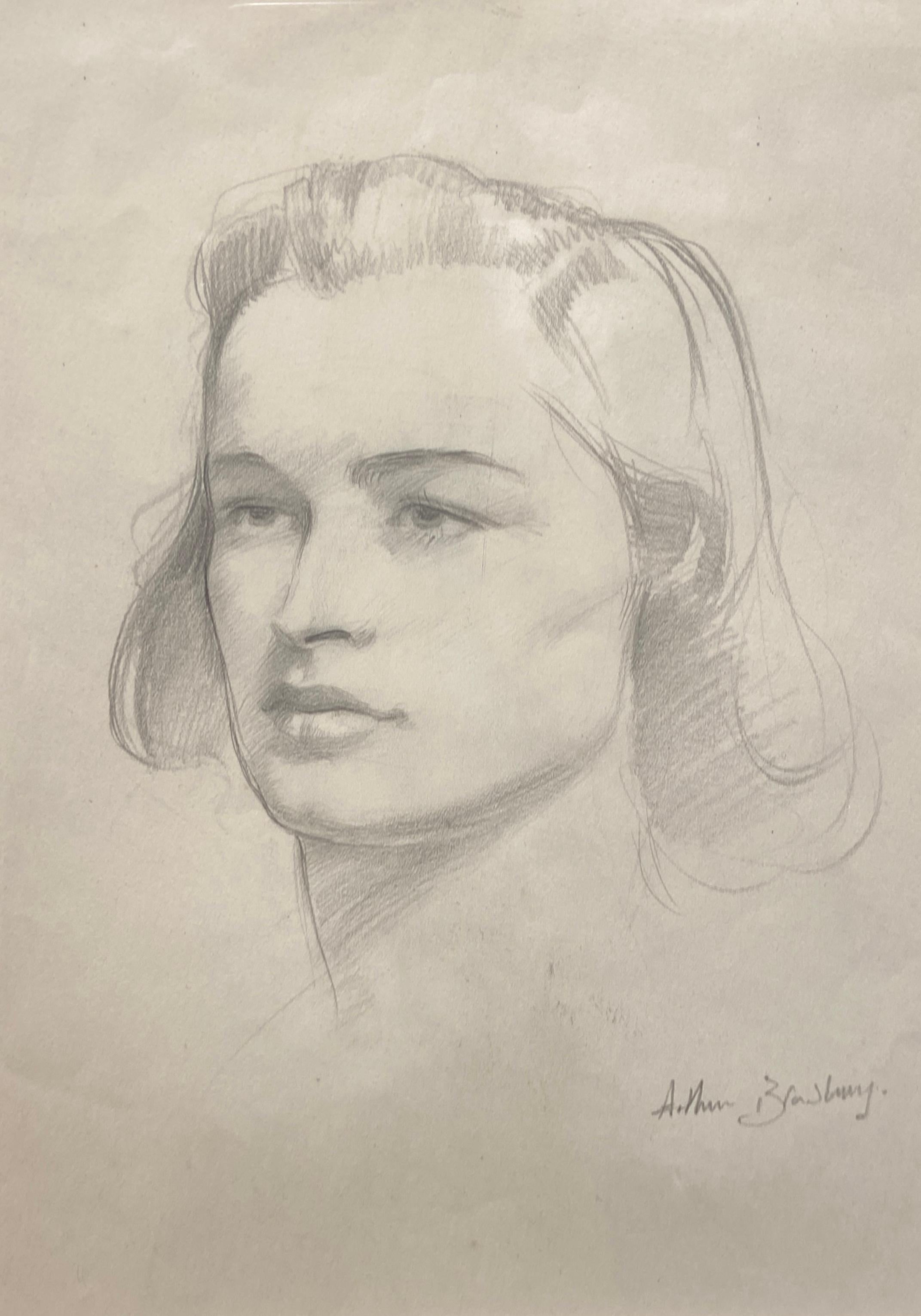 Portrait de Brigette Kelly, esquisse au graphite signée, Modern British 1942 - Art de Arthur Royce Bradbury