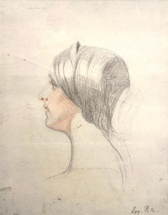 Portrait d'étude d'une jeune fille, croquis victorien du 19ème siècle signé