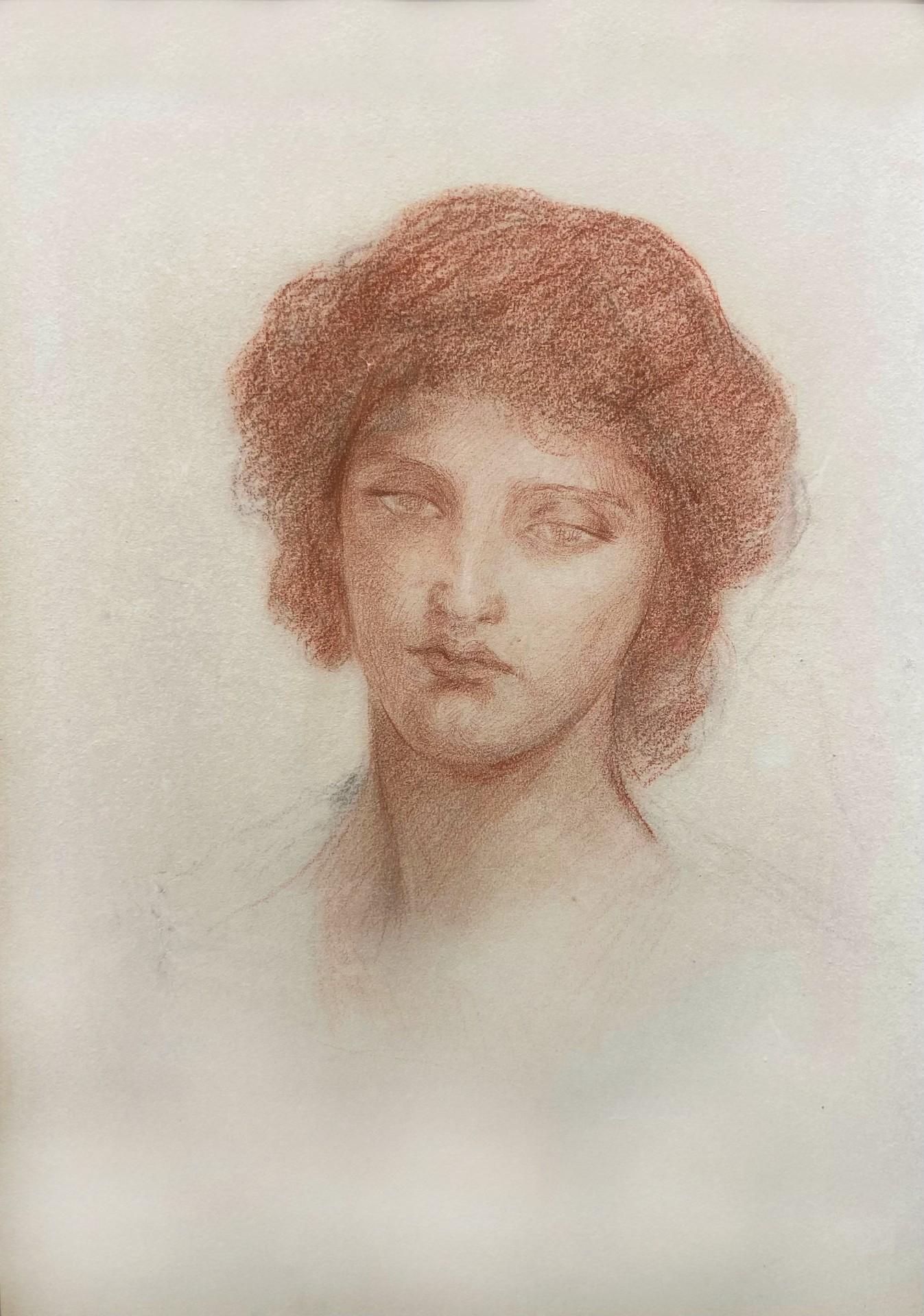 Portrait d'une jeune femme, croquis en calcaire rouge et graphite, préraphaélite