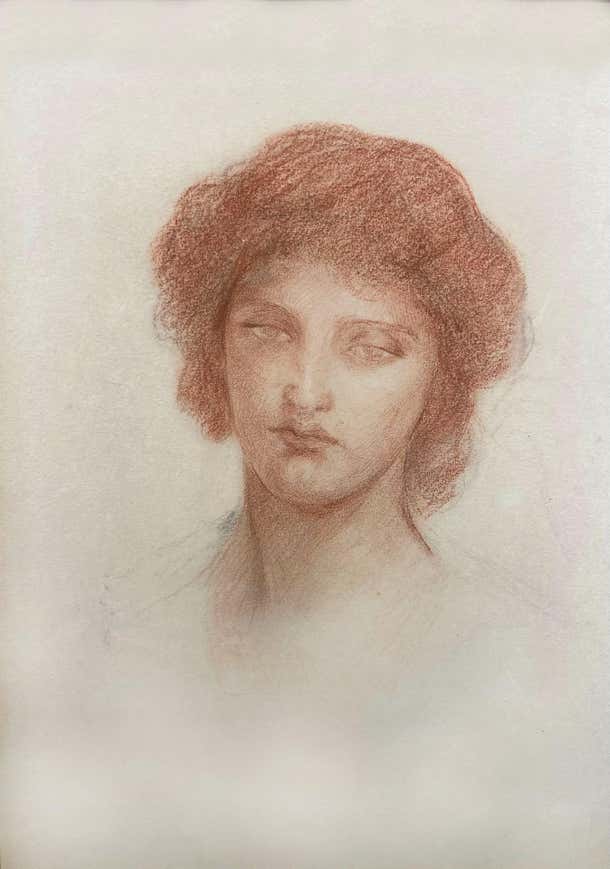 English Pre-Raphaelite - Portrait of a Young Woman, Red Chalk and ...
