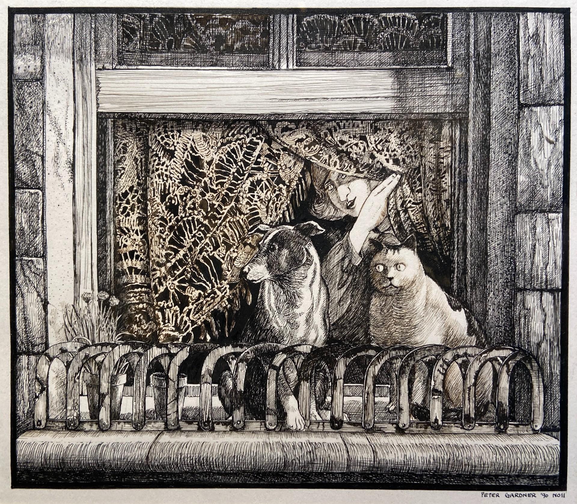 Peter Gardner Figurative Art - The Watchers, Pen and Ink Drawing, 20th Century British School, Signed 1990