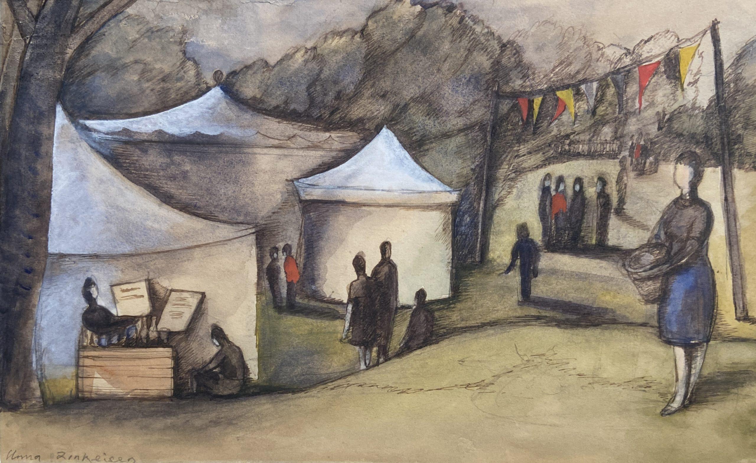 Anna Zinkeisen Landscape Art - The Village Fete, Signed Watercolour 20th Century British Female Artist