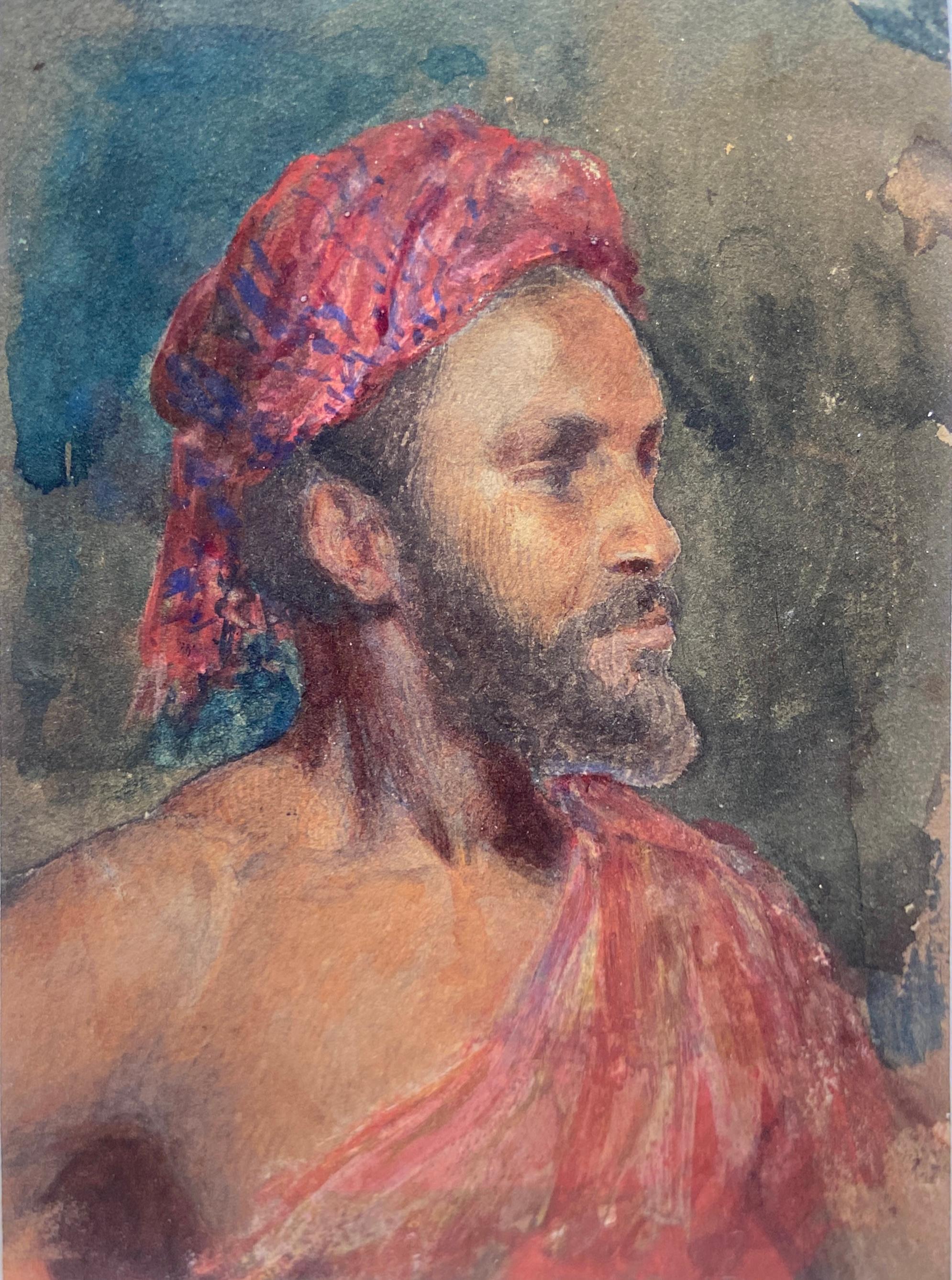 Portrait d'un homme au turban rouge, aquarelle orientaliste du début du XIXe siècle