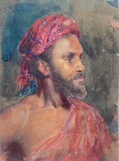 Antique Portrait of a Man in a Red Turban, Early 19th Century Orientalist Watercolour