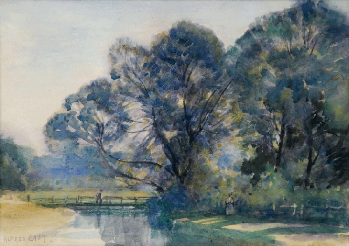 Alfred East Landscape Art - A River Landscape, 19th Century British Watercolour, Signed and Dated 1880