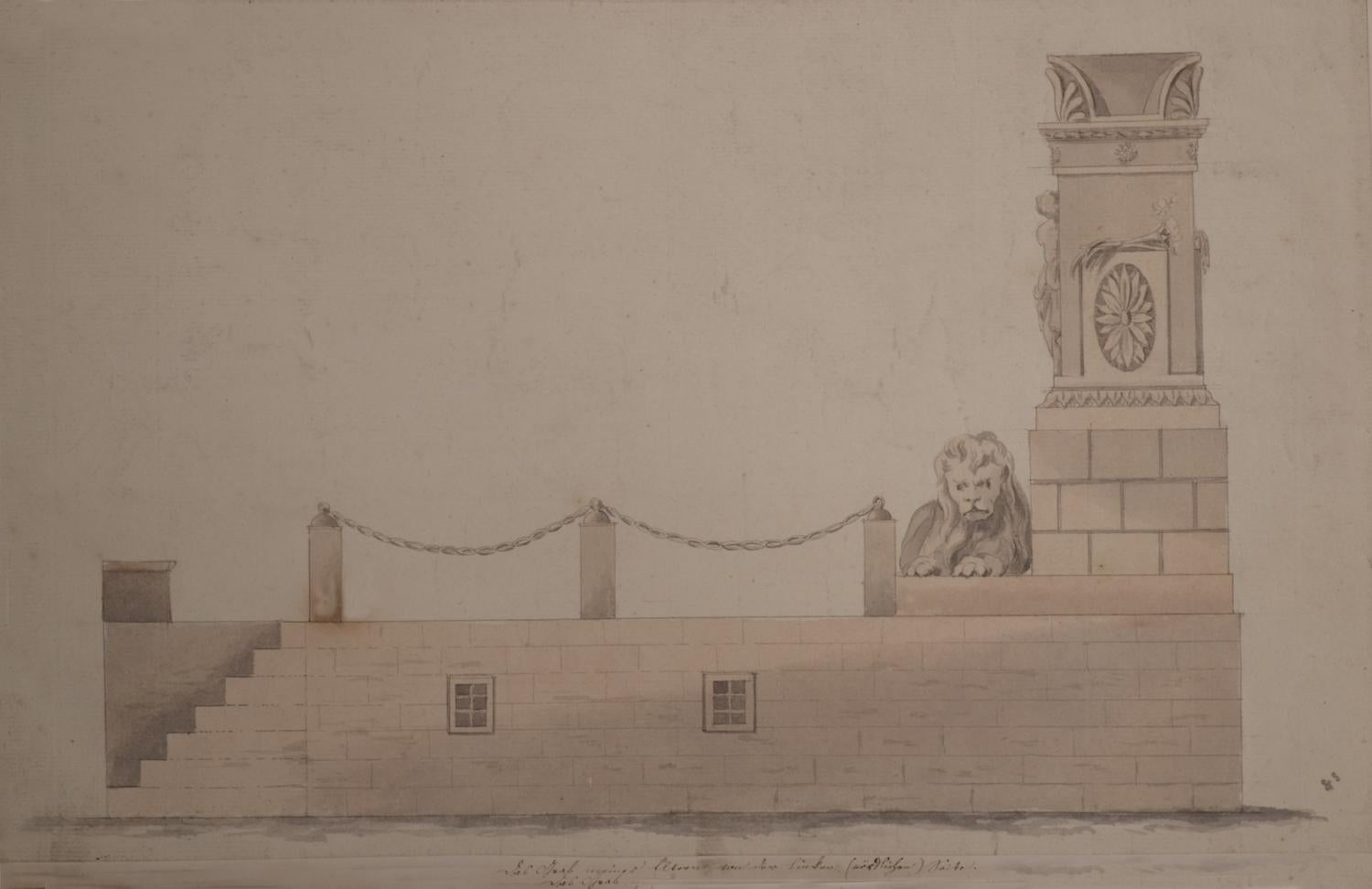 Monumentale Seitenansicht des 18. Jahrhunderts, Bleistift- und Waschkunstwerk, Deutsche Schule