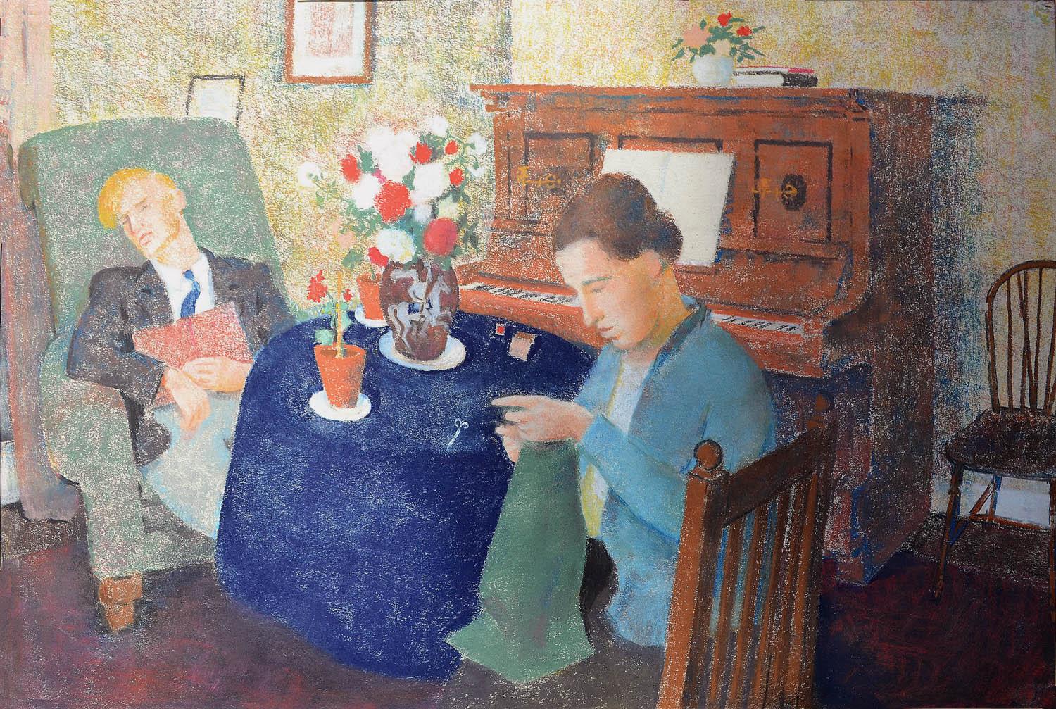 At Rest, 20th Century British Artwork, Pastel Interior with Original Frame