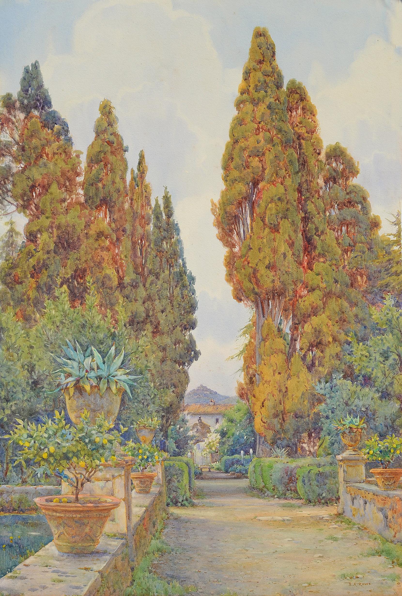 Ernest Arthur Rowe Landscape Art – Zypressen, Villa D'Este, Tivoli, Englisches Aquarell des frühen 20. Jahrhunderts