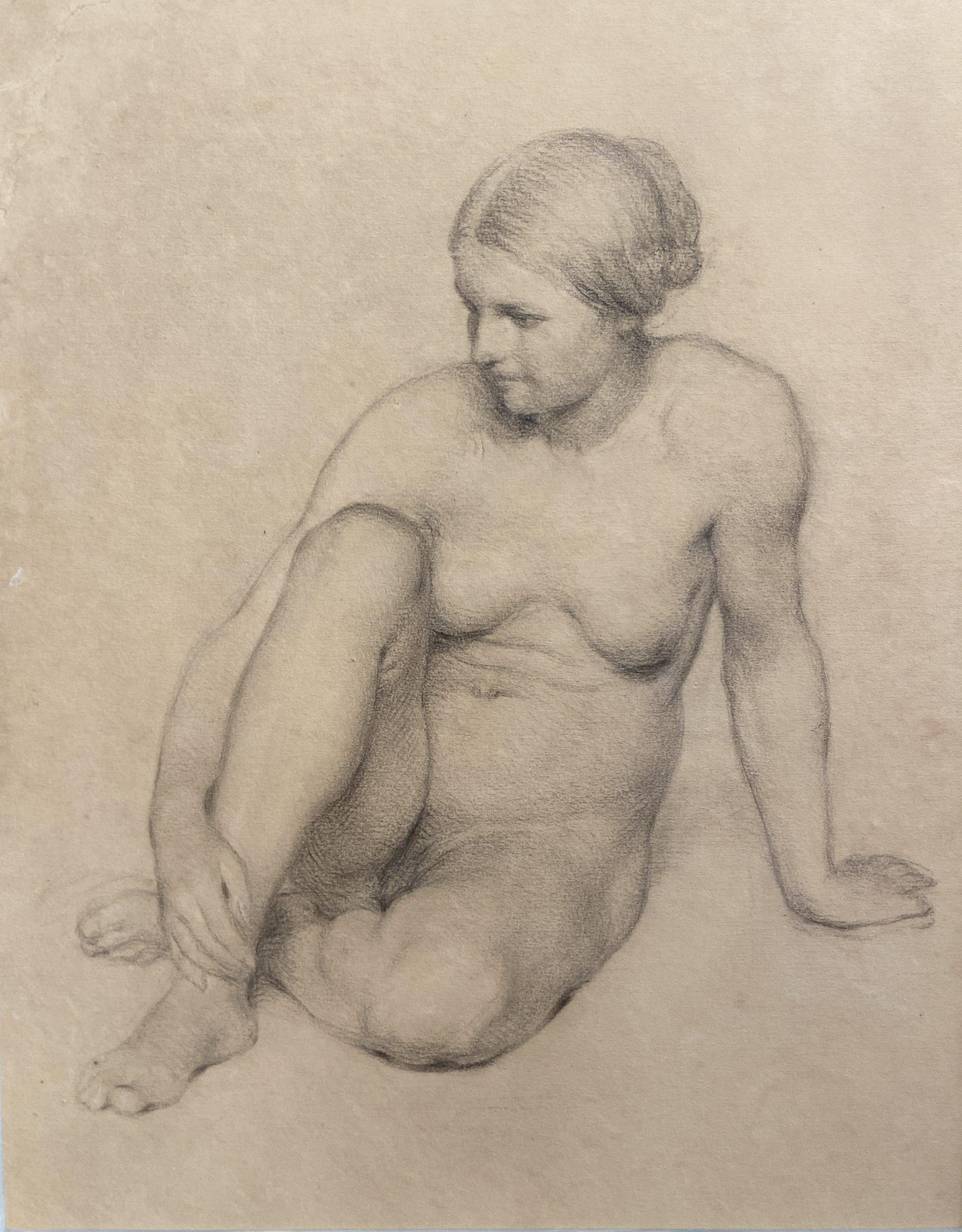 19th century French School Nude – Studie einer sitzenden Frau, Graphitzeichnung, Französische Schule des 19. Jahrhunderts