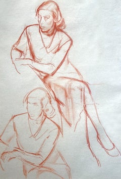 Études d'une femme assise, dessin à la craie rouge, artiste Modern British, encadré