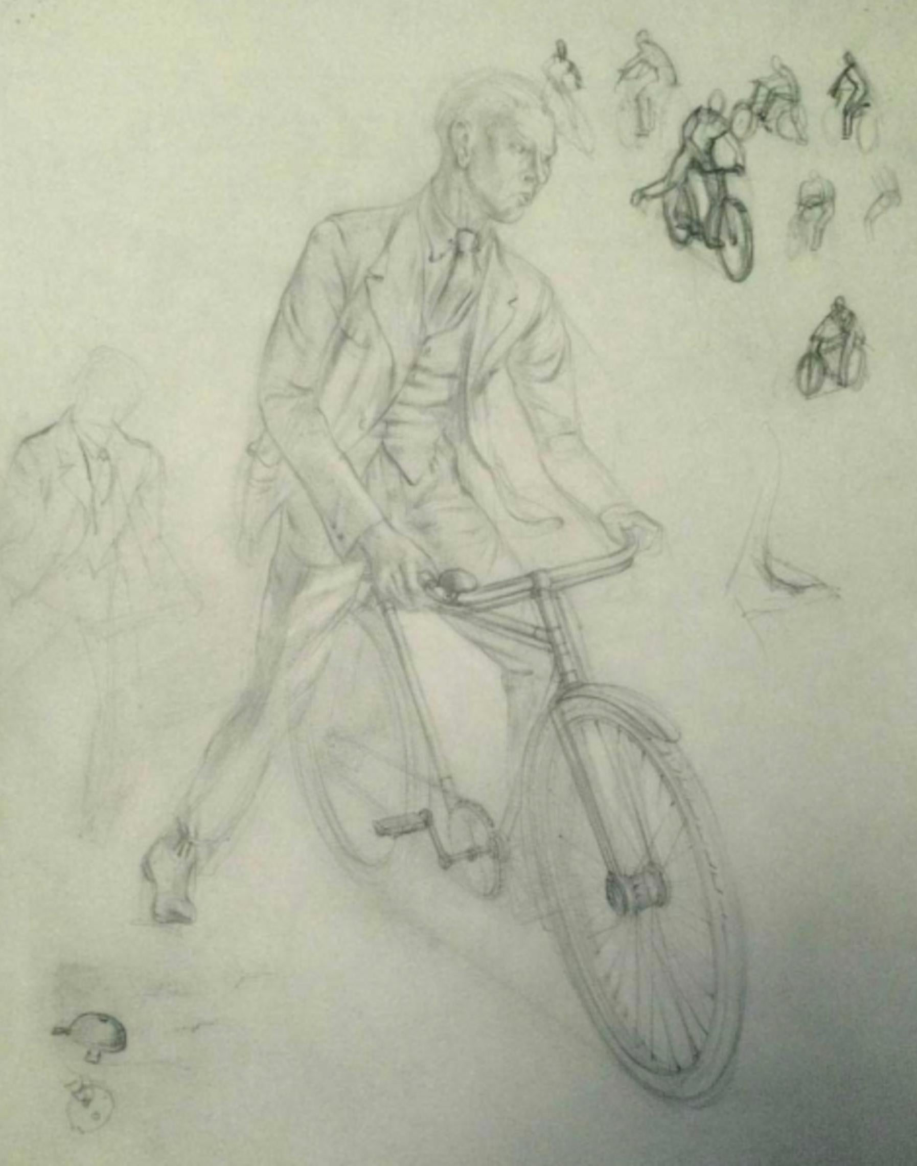 Figurative Art Gordon Scott - Le cycliste, croquis anglais du 20e siècle en graphite
