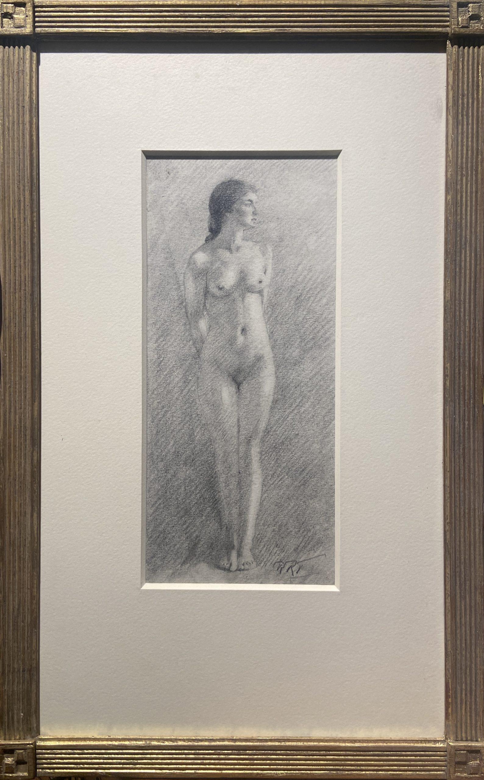 Nude R.T.T. - Étude de nu au graphite, 19e siècle École britannique, cadre doré