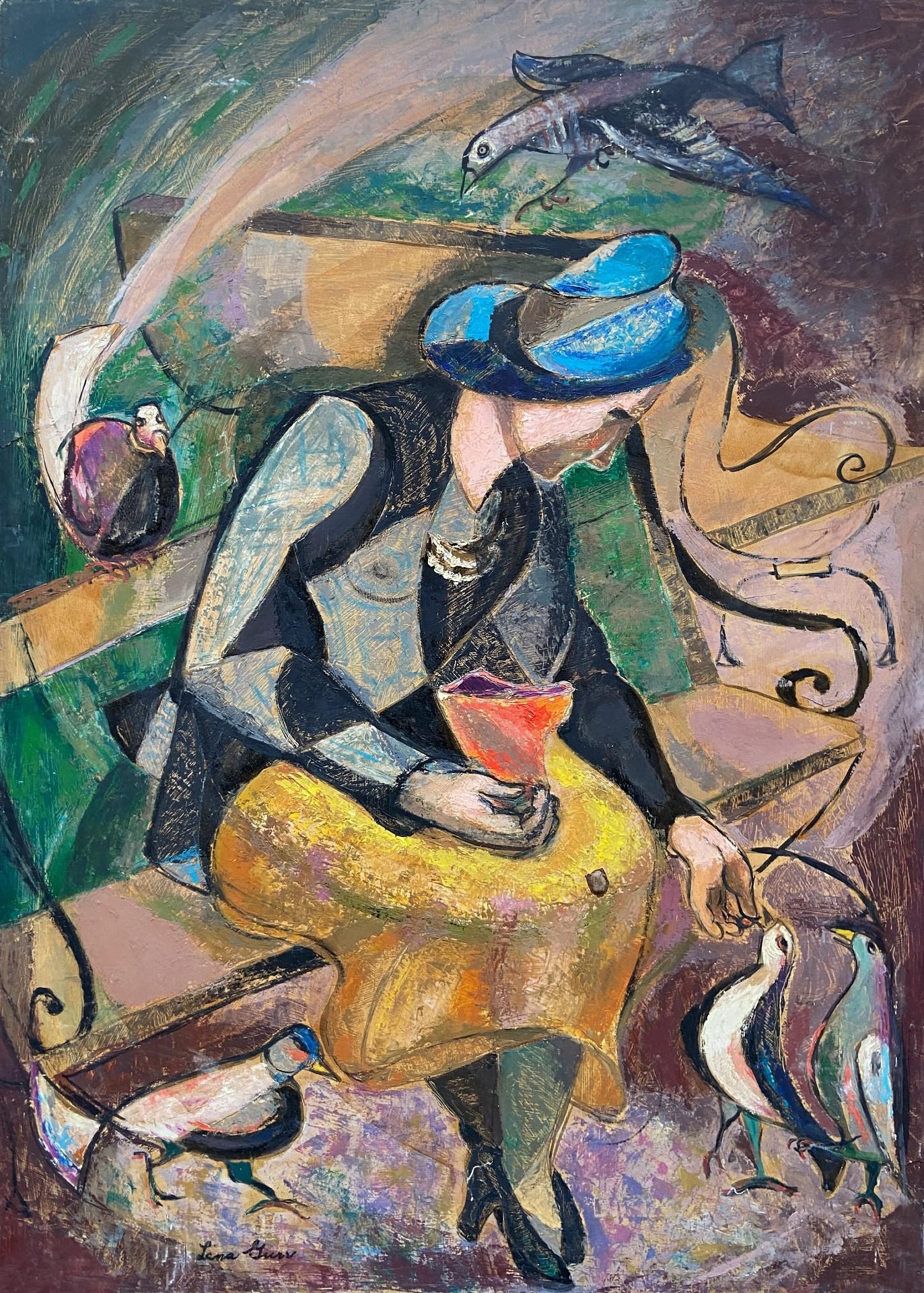 Feeding the Birds, Colourful 20th Century Oil Painting, Female Artist