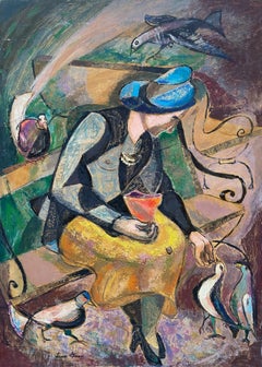 Feeding the Birds, peinture à l'huile colorée du 20e siècle, artiste féminine