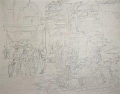 Antique At the Fountain, Graphite Orientalist sketch, Mid-19th Century