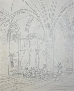 Antique Vaulted Interior, 19th Century Orientalist Sketch, Graphite on Paper