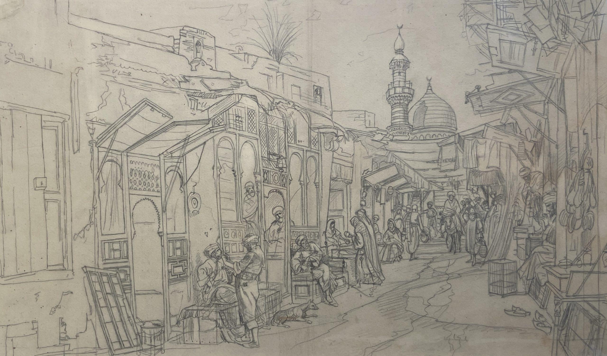 The Barbers, 19th Century Orientalist Graphite Sketch