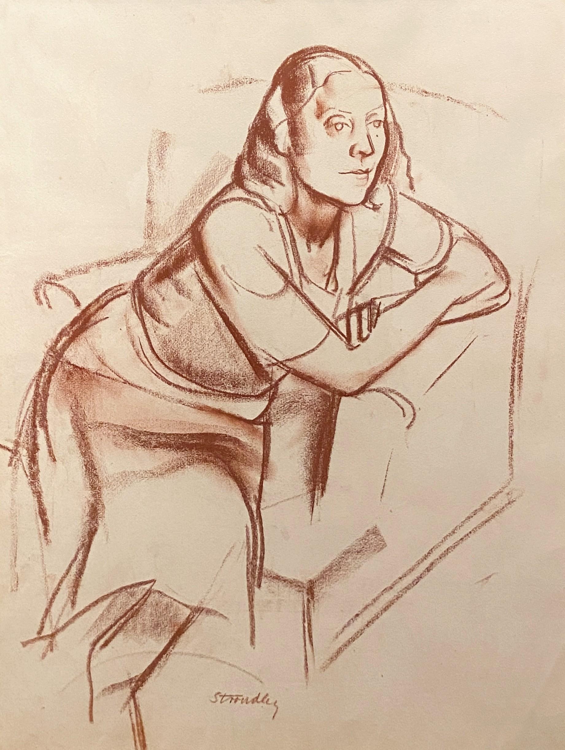 James Stroudley Figurative Art – Frau im Ruhestand, signierte Kohleskizze, 20. Jahrhundert Britisch