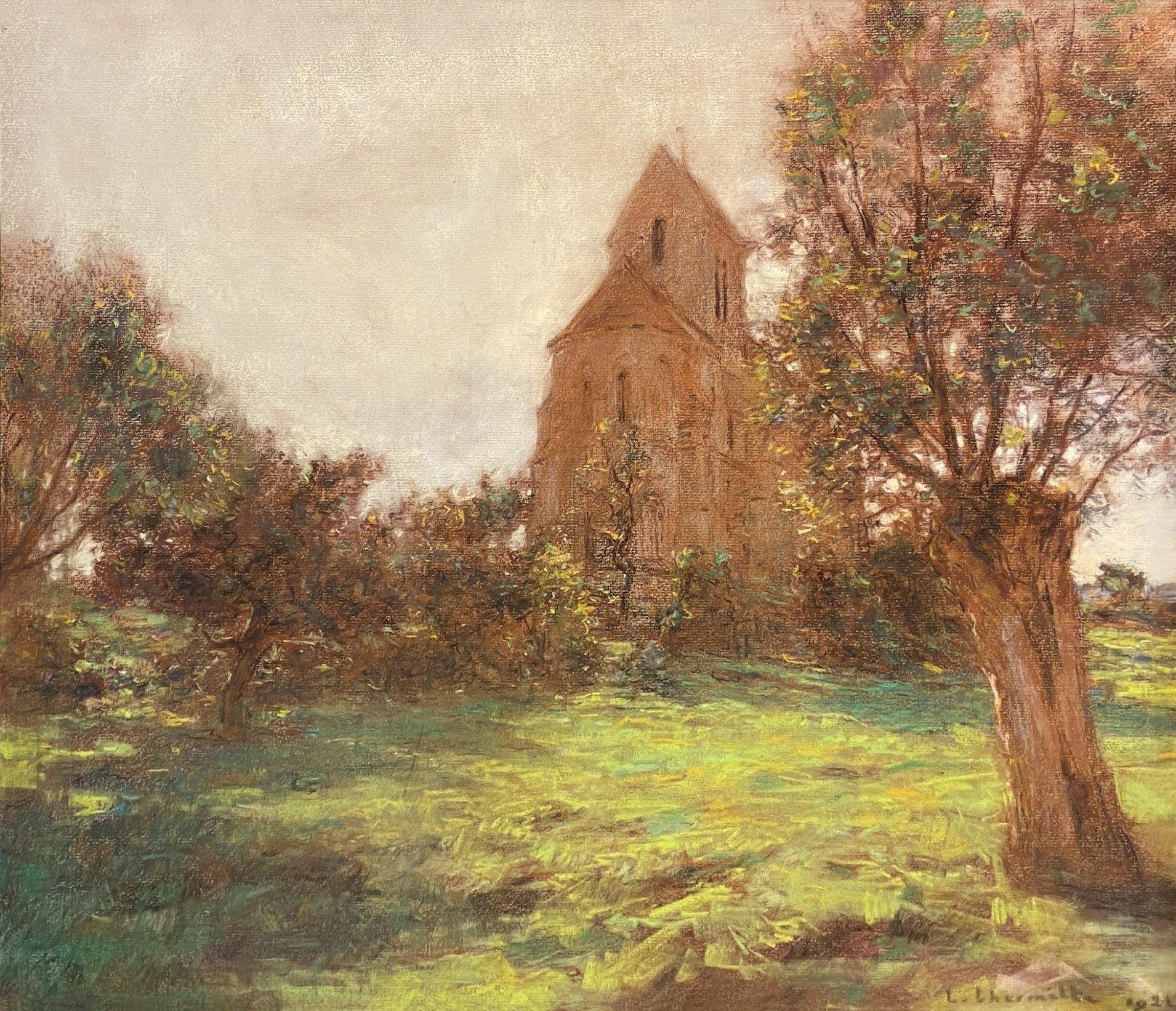 Léon Augustin Lhermitte Landscape Art – L'eglise de Mézy-Moulins, Pastell 19. Jahrhundert Französische Landschaft, signiert und datiert 1921