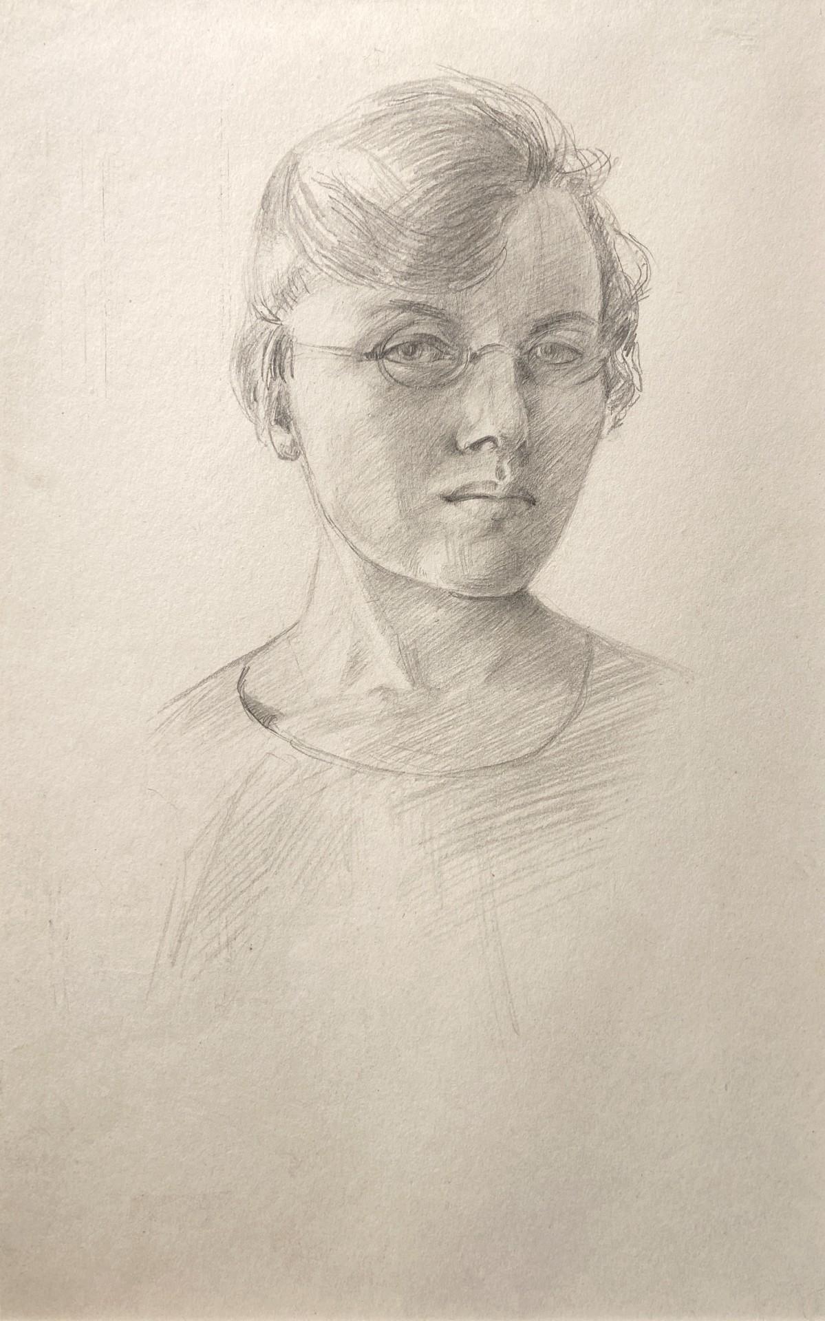 Graphite on paper
Image size: 12 1/4 x 8 inches (31 x 20.25 cm)
Hand made contemporary style frame

This is a wonderful self portrait that captures the artist as she stares, unafraid, directly out at the viewer.

Little is known about the artist