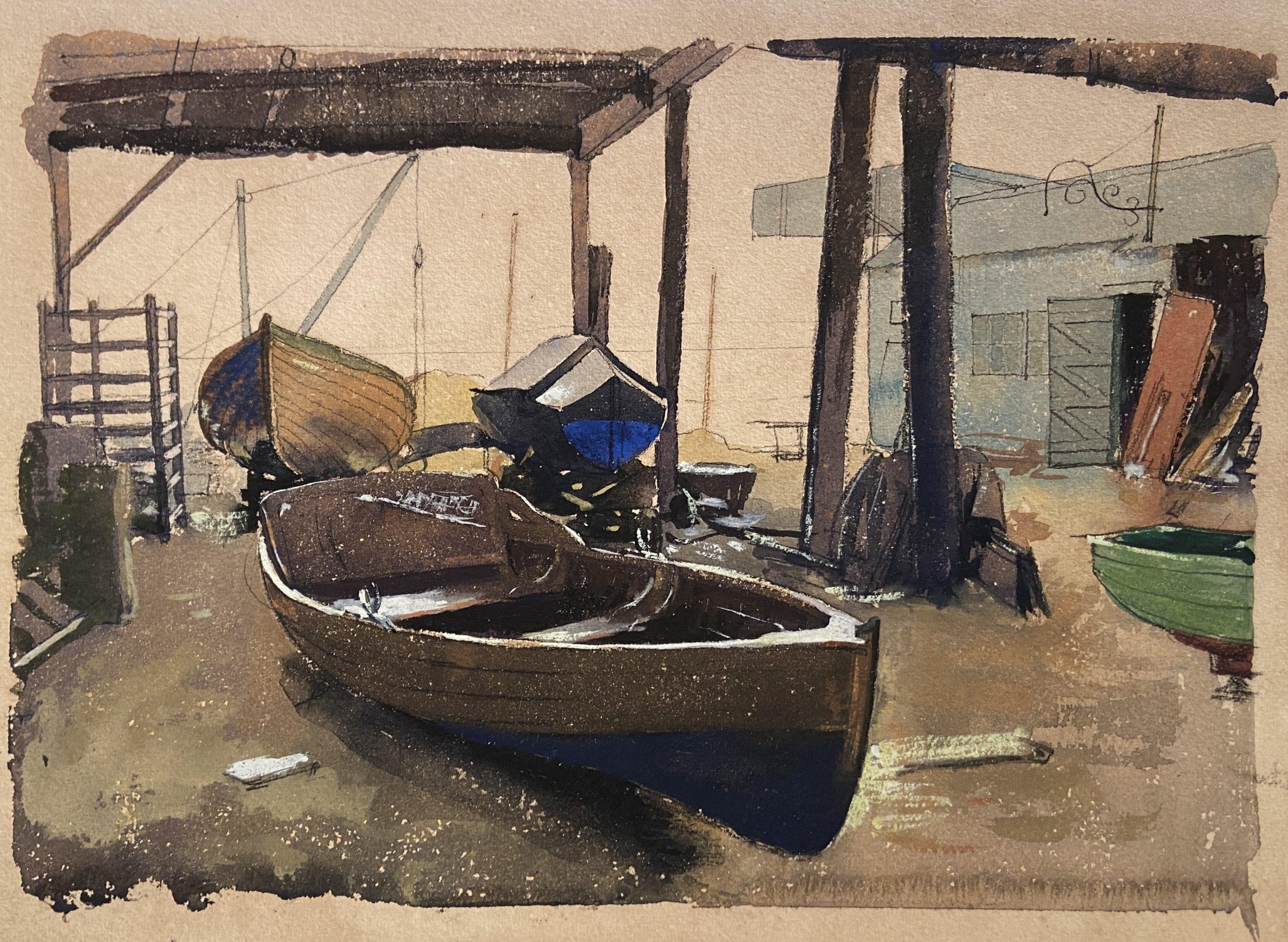 William Dring Landscape Art - The Boat Yard, 20th Century English Watercolour and Graphite Artwork
