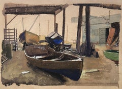 The Boat Yard, œuvre d'art anglaise du 20e siècle en aquarelle et graphite