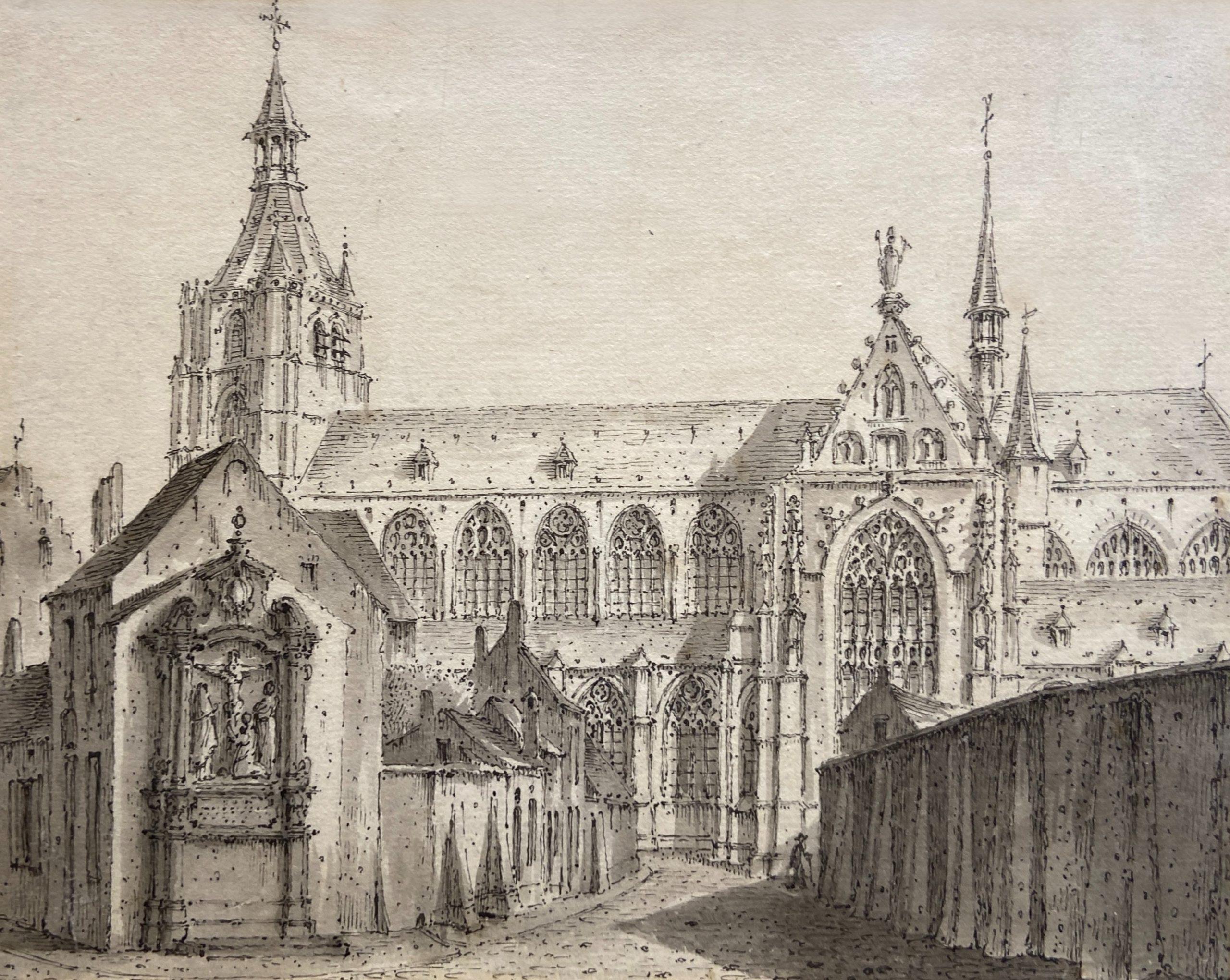 17th Century Dutch School Landscape Art - View of a Cathedral, 17th Century Dutch Ink and Wash Artwork, Mounted