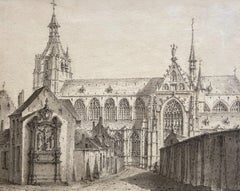 Vue d'une cathédrale, œuvre d'art hollandaise du 17e siècle encre et laveuse, montée