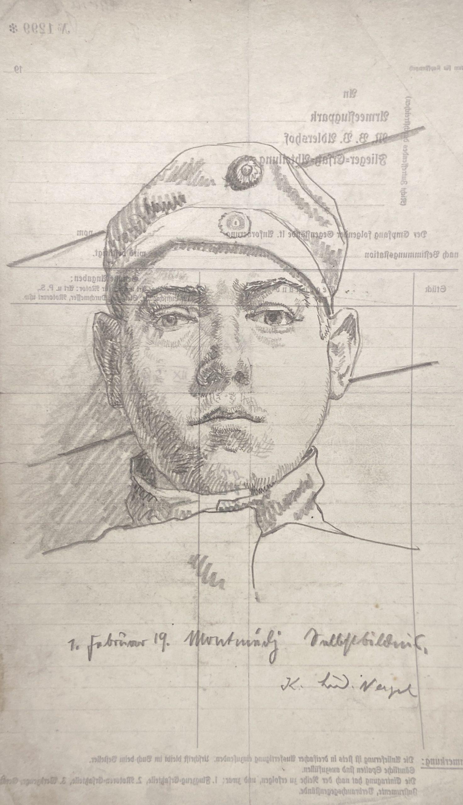 Karl Ludwig Nagel Portrait – Porträt eines deutschen Fliegers, Graphit auf Papier, 1919, Air Park Document Verso